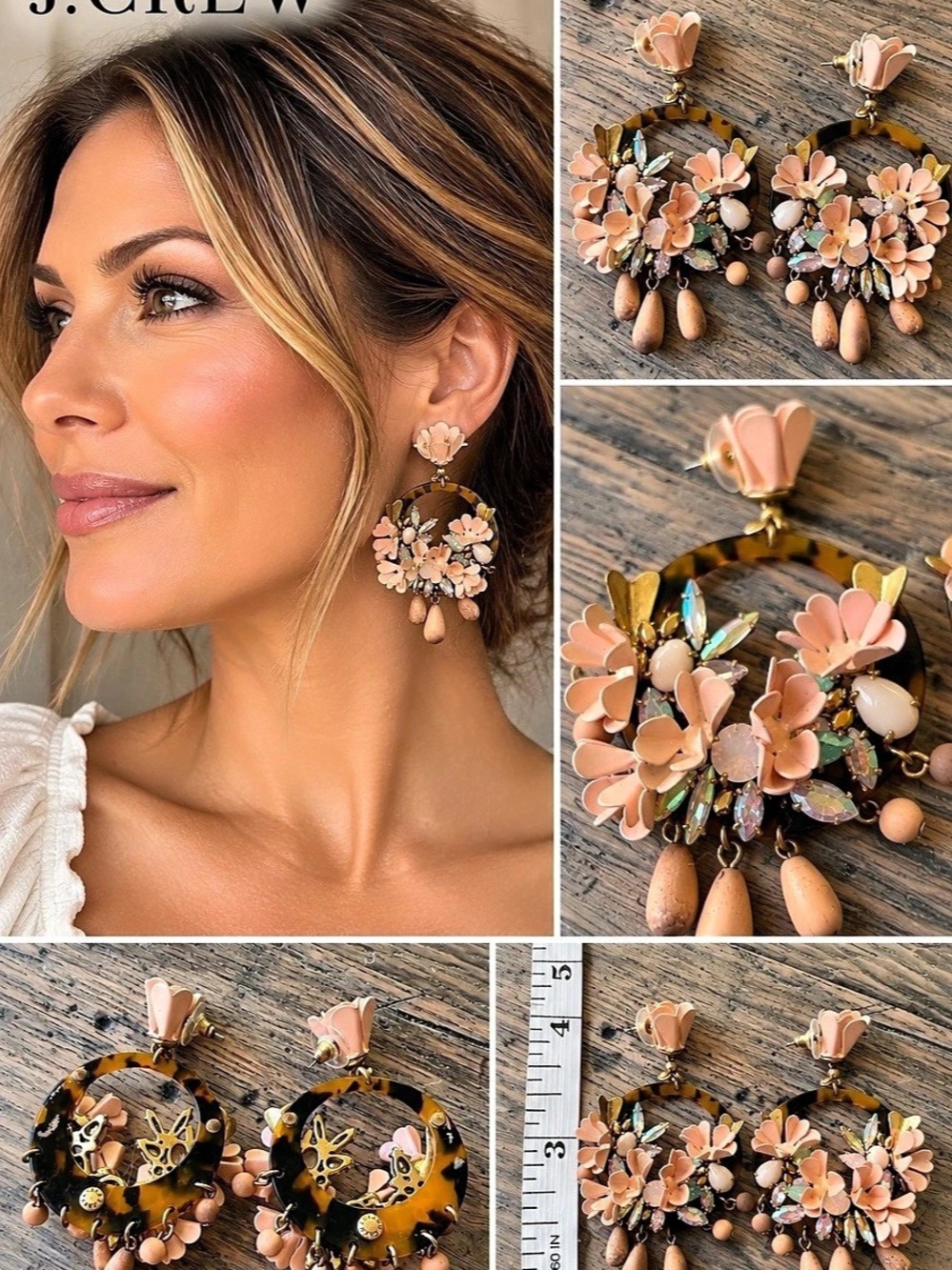 J.Crew Floral Statement Earrings Tortoise Hoop Crystal Blush Pink Dangle